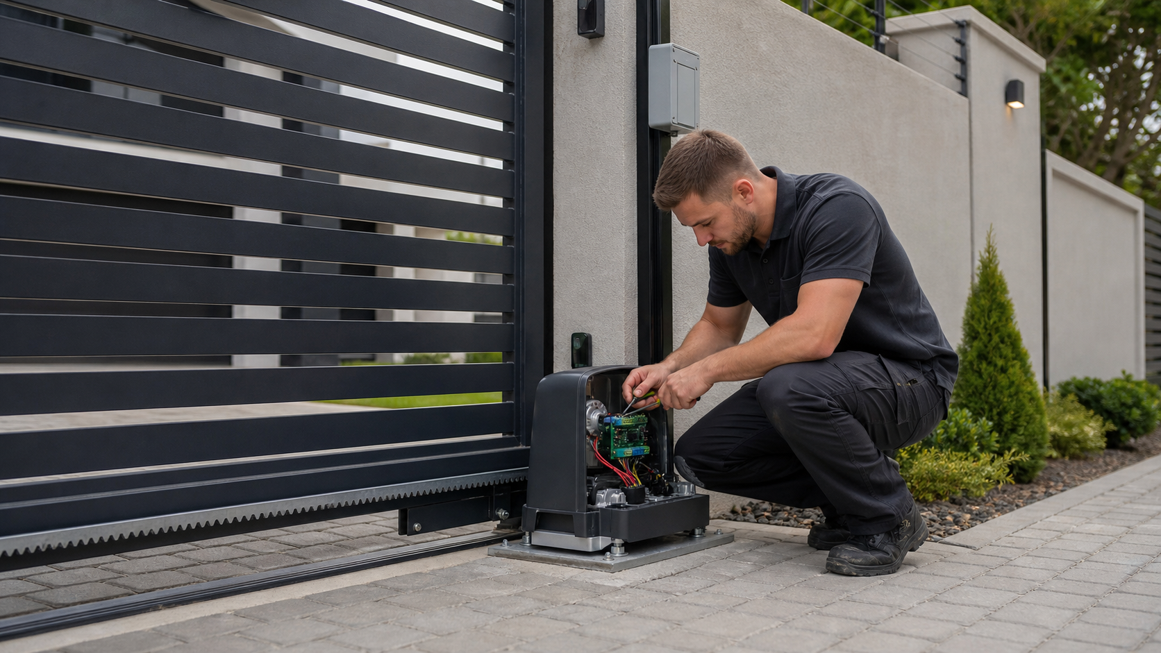 DFence technician inspecting a gate motor and perimeter access system